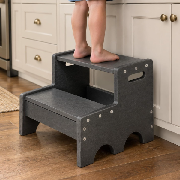 Grey HDPE two-step toddler stool for bathroom
